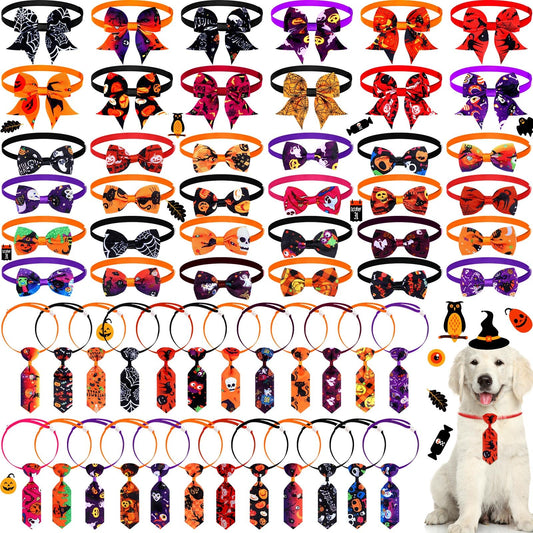 Sadnyy 60 Pcs Dog Bows Dog Collars Thanksgiving Halloween Pet Ties Pumpkin Ghost Adjustable Halloween Pet Bowtie Collar Includes 24 Neck Ties and 24 Bowties 12 Bowknot Set