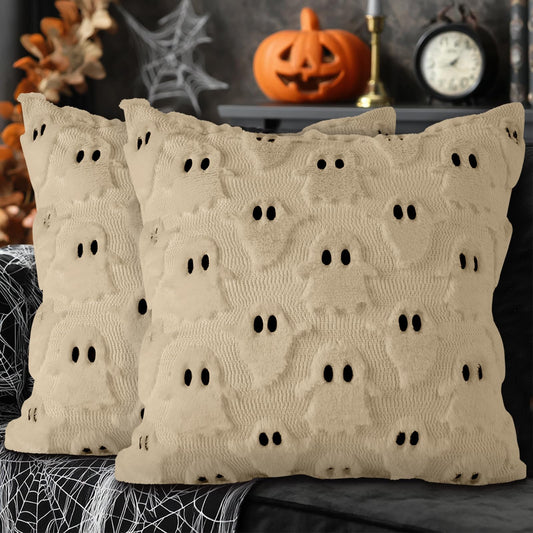 Lanpn Halloween Pillow Covers 18x18 Set of 2, Ghost Throw Pillowcases Soft Plush Faux Fur Wool Decorative Pillow Cover 18x18 Cushion Covers for Sofa Couch Chair Bed Halloween Home Decor (Beige)
