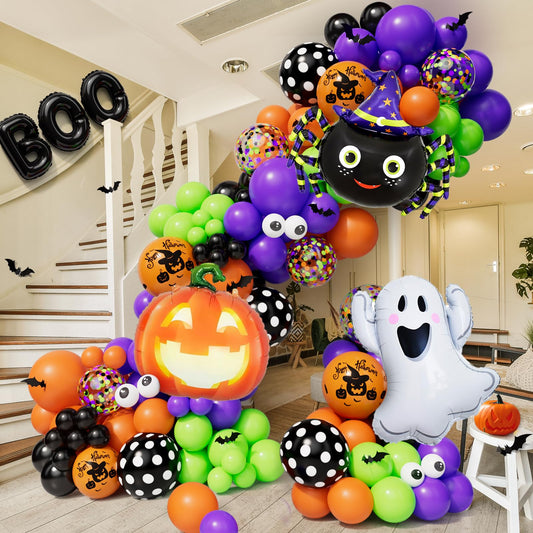 CboDeco Halloween Balloon Garland Arch Kit 144PCS with Ghost Pumpkin Spider BOO Foil Balloon Black Orange Green Purple Balloons for Halloween Decorations Balloons Party Supplies