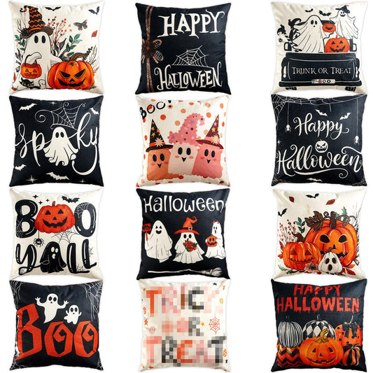 gisgfim 12Pcs Halloween Pillow Covers 18 x 18 inch Boo Ghost Pillow Covers Happy Halloween Cushion Cases Decorations Cushion Case Decorations for Home Bed Sofa Couch Farmhouse Holiday Decor