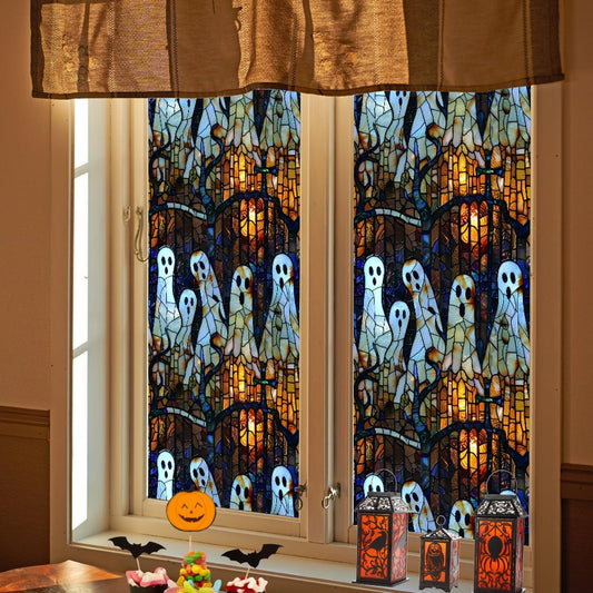 Halloween Window Stickers Decoration Vintage Stained Glass Window Film Cute Halloween Ghost Windows Film Static Glass Window Clings Stickers for Party Home Office Living Room Windows Door Decor