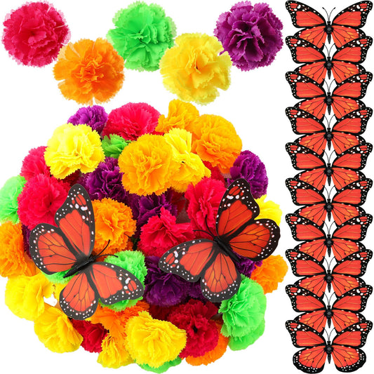 WILLBOND 62 Pcs Dia De Los Muertos Decorations, 50 Pcs Marigold Flower Heads and 12 Monarch Butterfly DIY Crafts for Day of The Dead, Halloween, Diwali, Indian Wreath Garland Making(Multicolor)