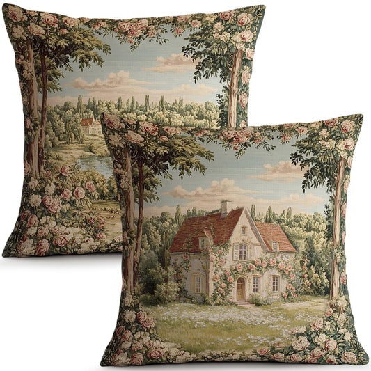 BEWQ Vintage French Country Pillow Covers, 18x18 Set of 2 Flowers Throw Couch Cushion Cases for Sofa Bed Living Room Outdoor Decor