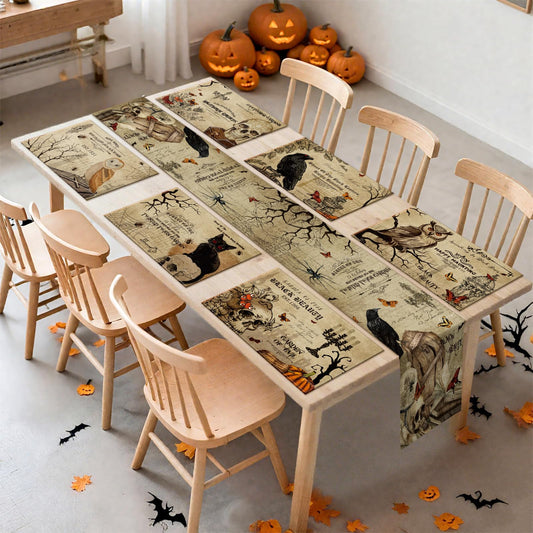 Breling 7 Pcs Halloween Placemats with Runner 12"x18" Terror Forest Gothic Bat Placemats Washable Rectangle Skull Table Mats for Halloween Kitchen Dining Table Home Accessories(Gothic)