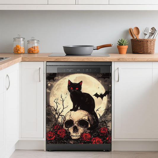 Gothic Black Cat Dishwasher Magnets Decorative Cover,Halloween Skull Flowers Waterproof Magnetic Dishwasher Cover Panel,Refrigerator Magnet Cover for Kitchen Home Decor 23x26 Inch