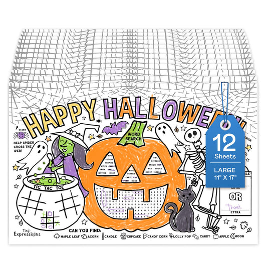 Tiny Expressions Halloween Placemats (Pack of 12 Pumpkin Placemats) | Coloring Activity Paper Table Mats for Parties & Events | Disposable Bulk Bundle Set