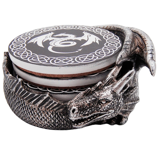 Gothic Dragon Coaster Set with Engraved Holder - 4.5-Inch Flying Dragon Coasters, Set of 4