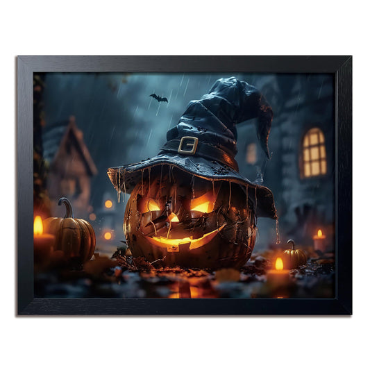 Wood Framed Dark Halloween Pumpkin Wall Art, Gothic Witch Hat Jack-o'-Lantern Canvas Print, Dark Academia Spooky Haunted House Poster Wall Art for Living Room Bedroom Room Aesthetics 12x16 inch