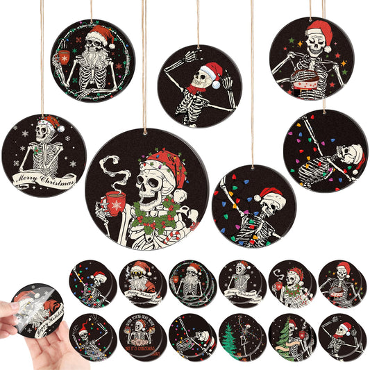Cunno 24 Pcs Black Christmas Decorations Skeleton Horror Christmas Ornaments Assorted Acrylic Hanging Funny Skull Ornaments Xmas Tree Decor for Home Car Holiday Decor Accessories