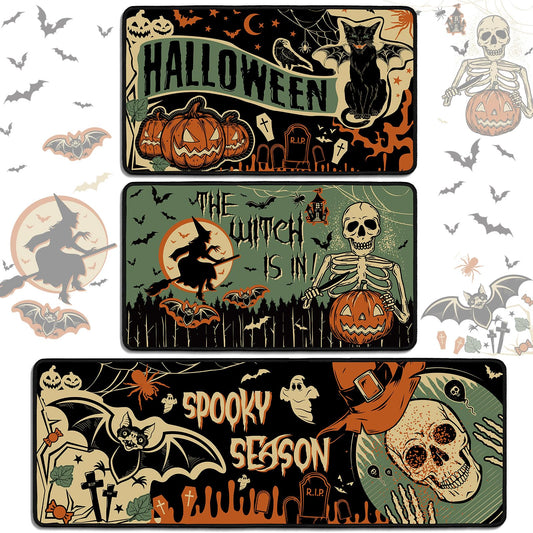 Drydiet 3 Pcs Gothic Kitchen Rugs and Mats Set Vintage Gothic Spooky Pumpkin Non Slip Rug Retro Skeleton Witch Bat Waterproof Floor Mat for Halloween Kitchen Bar Office Home Bathroom Door Party Decor