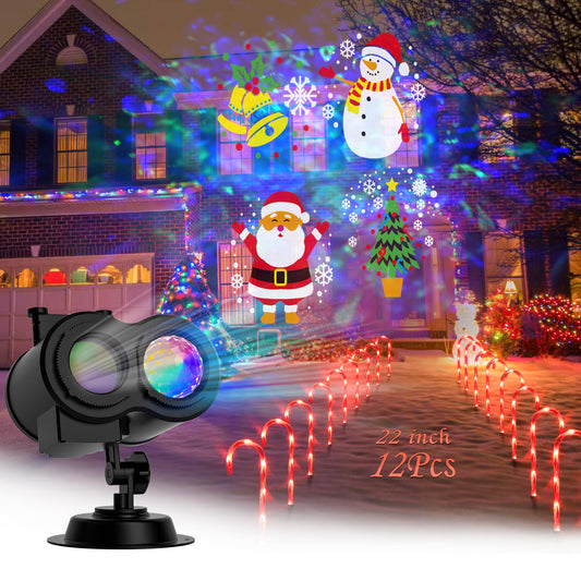 22" Christmas Candy Cane Pathway Markers & Christmas Halloween Projector Lights Outdoor for Indoor and Outdoor Christmas Holiday Party Patio Yard Decor