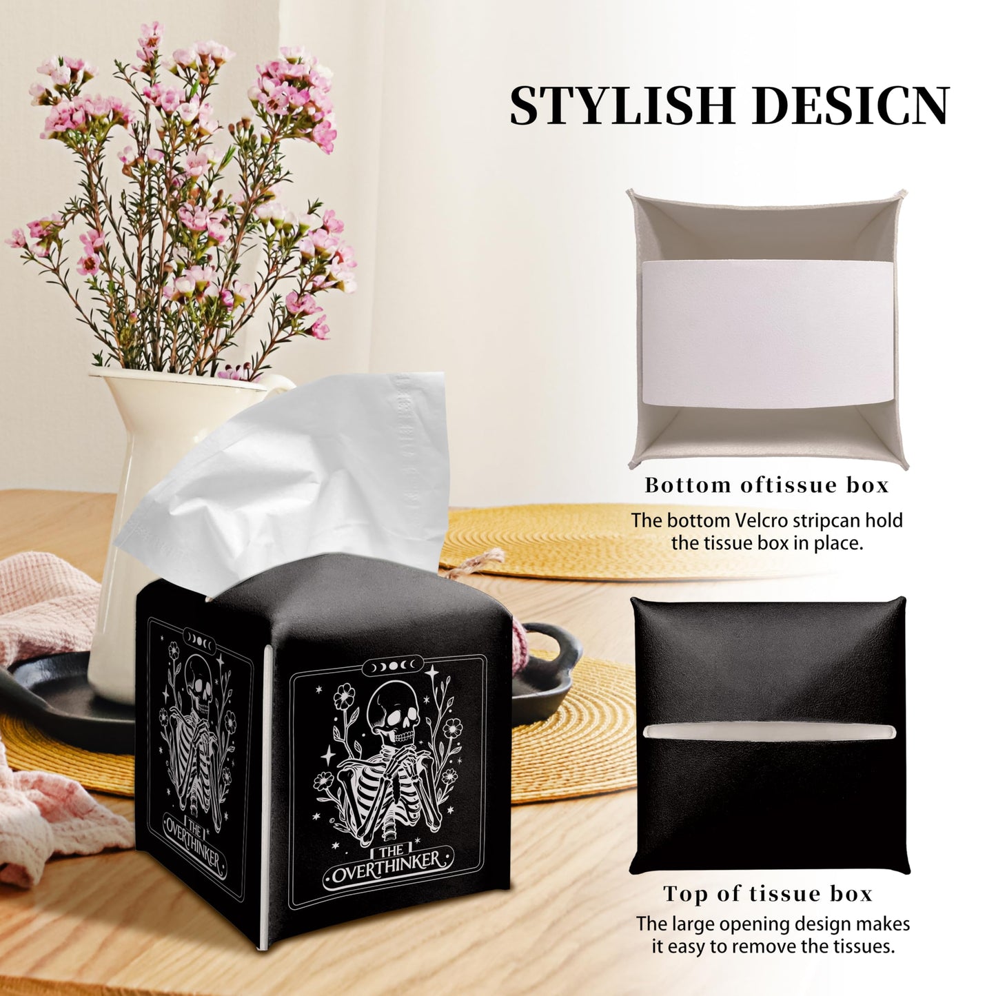 Grace Yonks Cute Tissue Box Cover Square - Gothic Skeleton “The Overthinker” Print, Funny Tarot-Inspired Design 5.2" PU Leather Holder for Vanity, Bathroom Counter - Cube Case for Facial Tissues(024)