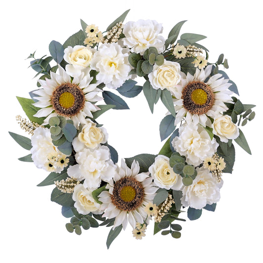 FLOROAD Spring Wreath for Front Door - 24 Inch White Flower With Artificial Sunflower, Peony, Rose - Mixed Faux Floral Spring Summer Decoration for Home Indoor Outdoor Door Wall