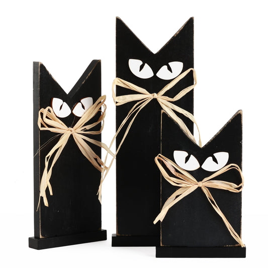HH Family Halloween Table Decorations Black Cat Rustic Wooden Party Decor for Tabletop Shelf or Mantel (3 Black Cats)