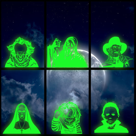 Eartim Halloween Glow In Dark Window Clings - 6Pcs Scary Classic Movie Characters Glowing Decals Seamless Green Luminous Stickers for Halloween Party Decoration Haunted House Window Glass Mirror Decor