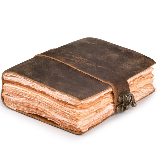 LEATHER VILLAGE Leather Bound Vintage Journal for Women & Men - Book of Shadows - Lock Closure - 200 Pages of Antique Deckle Edges Handmade Watercolor Paper - Rustic Brown - 7X5 inches