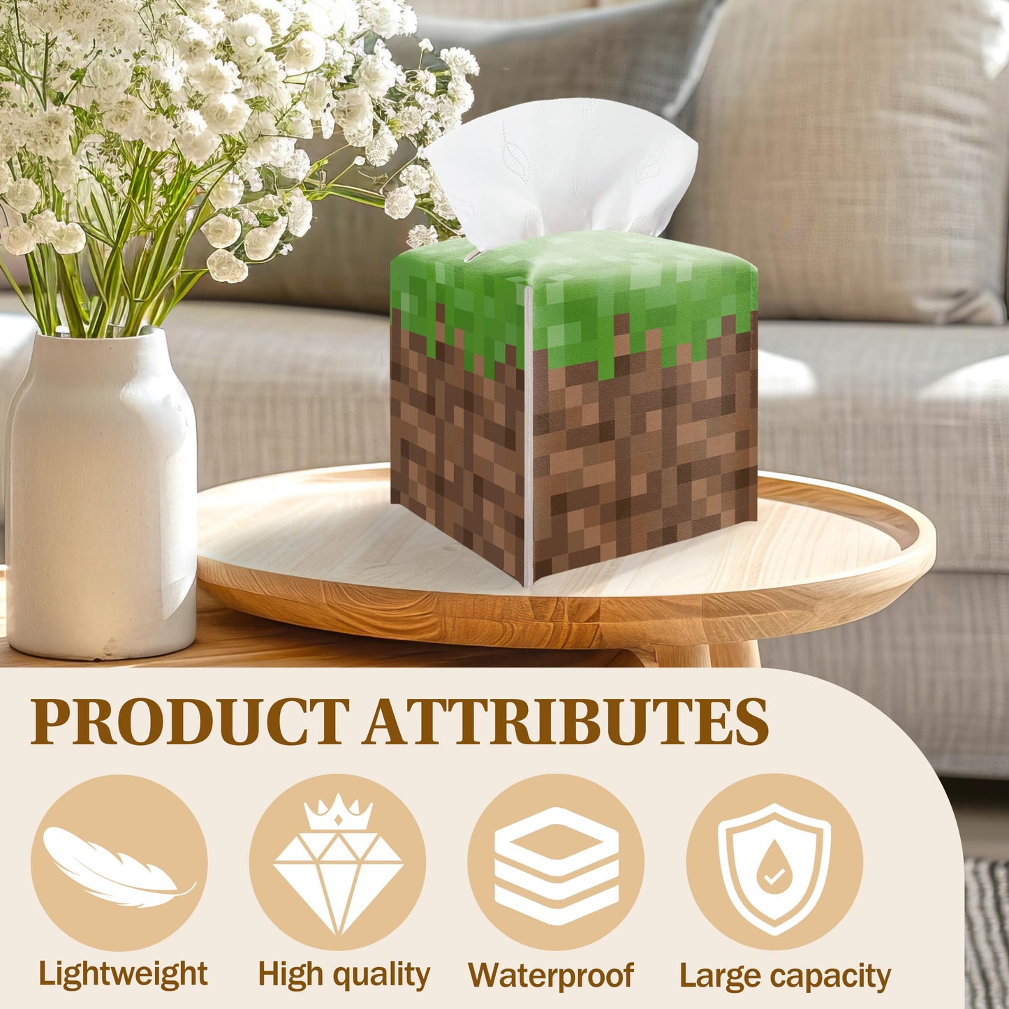 Pixel Grass Block Leather Tissue Box Cover, Square Holder