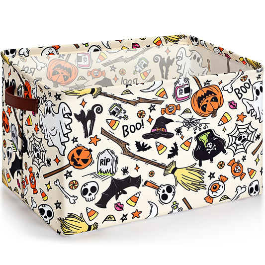 Seeloowy Halloween Ghost Basket with Handles Boo Pumpkin Bat Horror Storage Bin White Spooky Large Foldable Toy Laundry Storage for Halloween Room Car Decoration Bucket Laundry Box