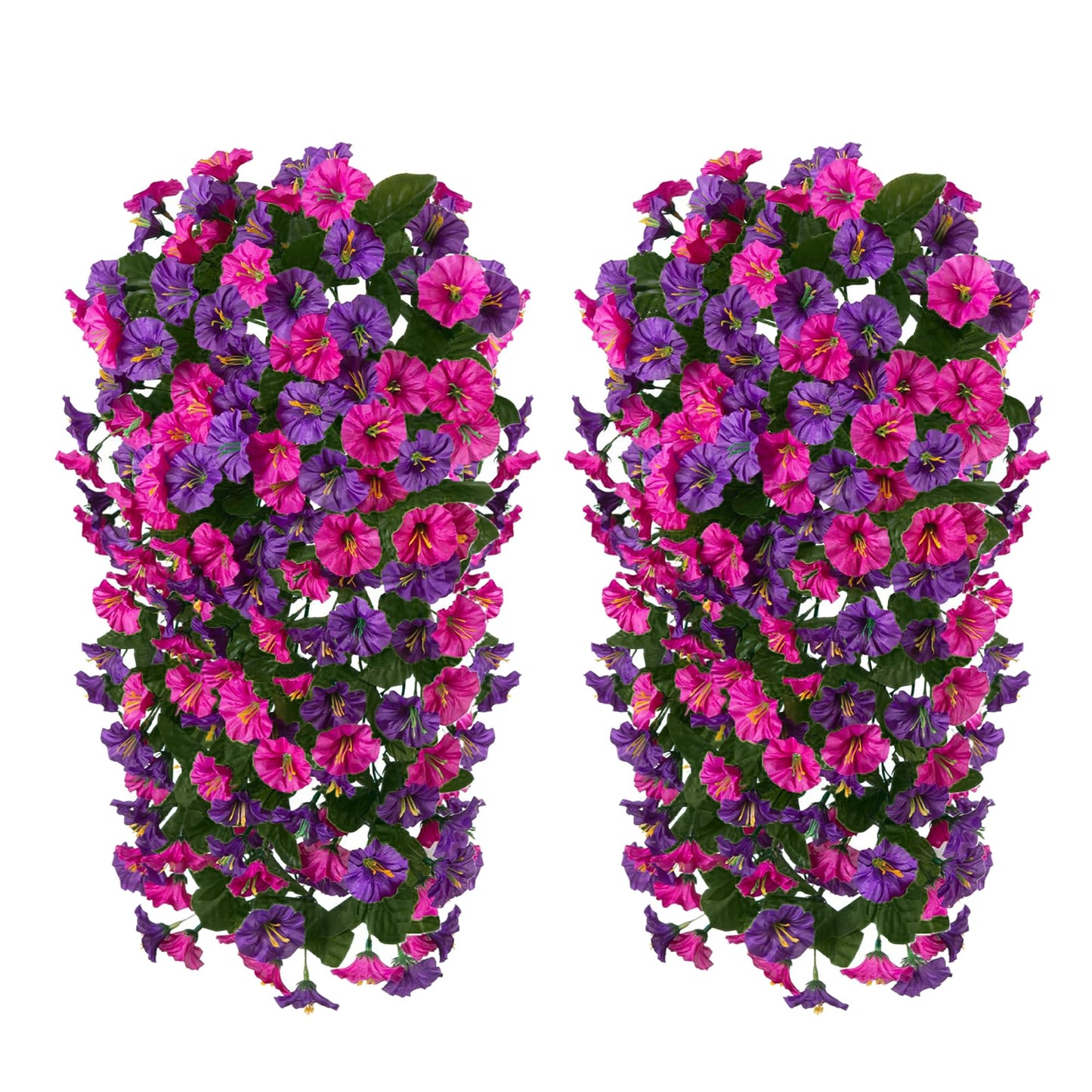 HyeFlora Artificial Fake Hanging Flowers Plants for Outdoor Outside, 2PCS Faux Silk Morning Glory Trailing Vines UV Resistant Look Real for Home Planter Porch Patio (Dark Purple and Fuchsia)