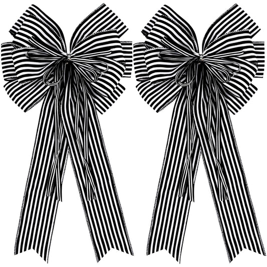 Hongsome 2 Pack Black White Stripe Halloween Fall Bows for Wreaths,12”x20”Black and White Christmas Decorations Bow for Tree Topper Gothic Spooky Holiday Birthday Party Wall Home Front Door