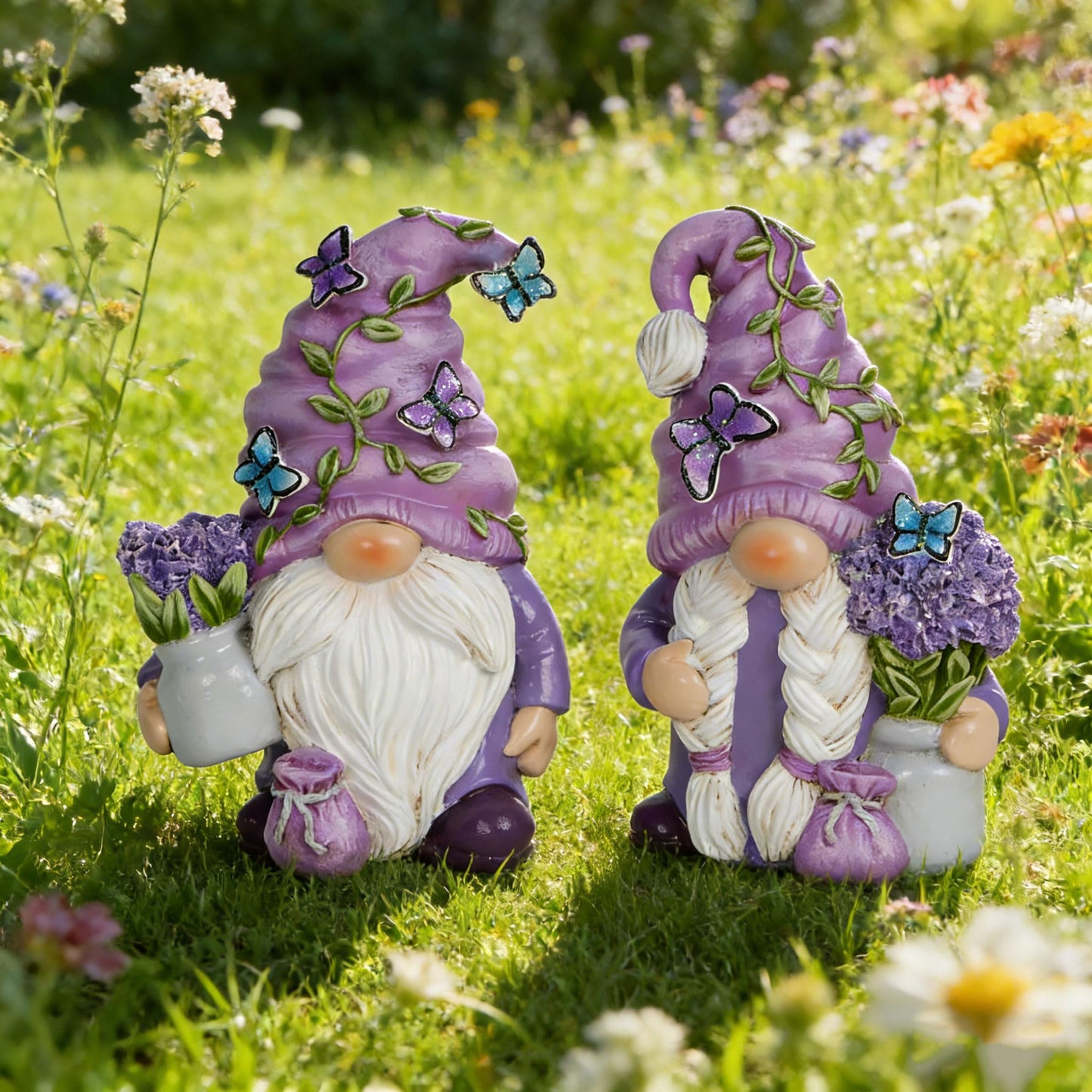 Hodao 2Pcs Purple Lavender Butterfly Gnome Figurine Set for Yard, Lawn, Patio, Porch - Weatherproof Resin Garden Decoration - Outdoor Decor & Unique Gnome Gift for Women