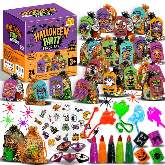 VKTEN 24 Pack Halloween Party Favors for Kids–Prefilled Mesh Treat Bags with Toys, Gift Tags & Twine–Trick or Treat Goodie Bag Fillers, Classroom Prizes & Exchange Gifts
