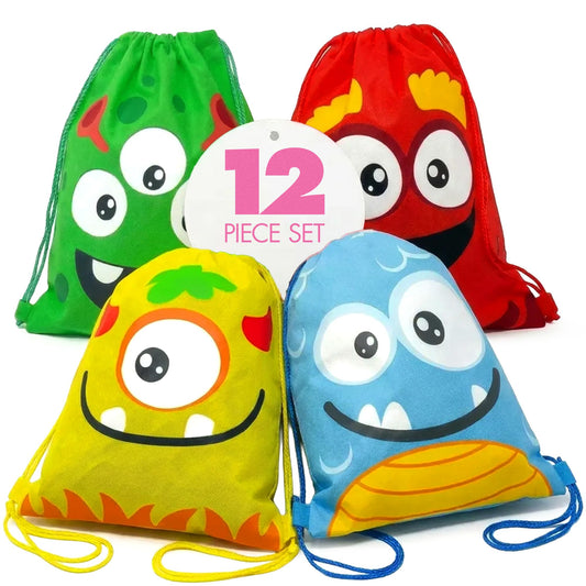 Podzly Drawstring Bags Bulk 12 Pack – Monster Themed Drawstring Backpack Bulk – 12" x 15" Washable Polyester Cinch Sackpack – Kids Party Favor Goody Bags for Halloween, Birthday, Dulceros Fiestas