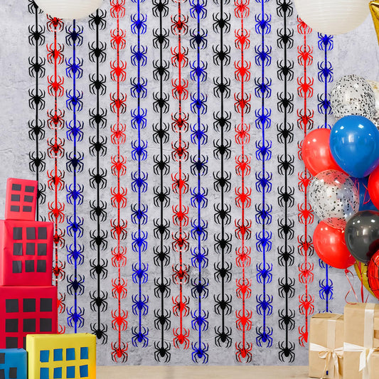 Bupelo Spider Web Birthday Decorations,2 Pack Red Black and Blue Spider Birthday Party Supplies 3.3 x 6.6ft Tinsel Foil Fringe Curtains Photo Booth Props Backdrop Streamers, House Room Decor for Boys