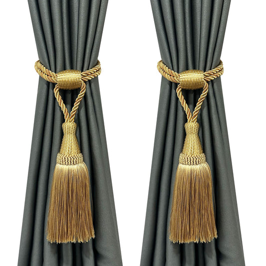 Fenghuangwu Curtain Tiebacks Handmade Elegant Curtain Tie Backs Holdbacks with Tassel for Home Office Decor 2 Pack - Gold
