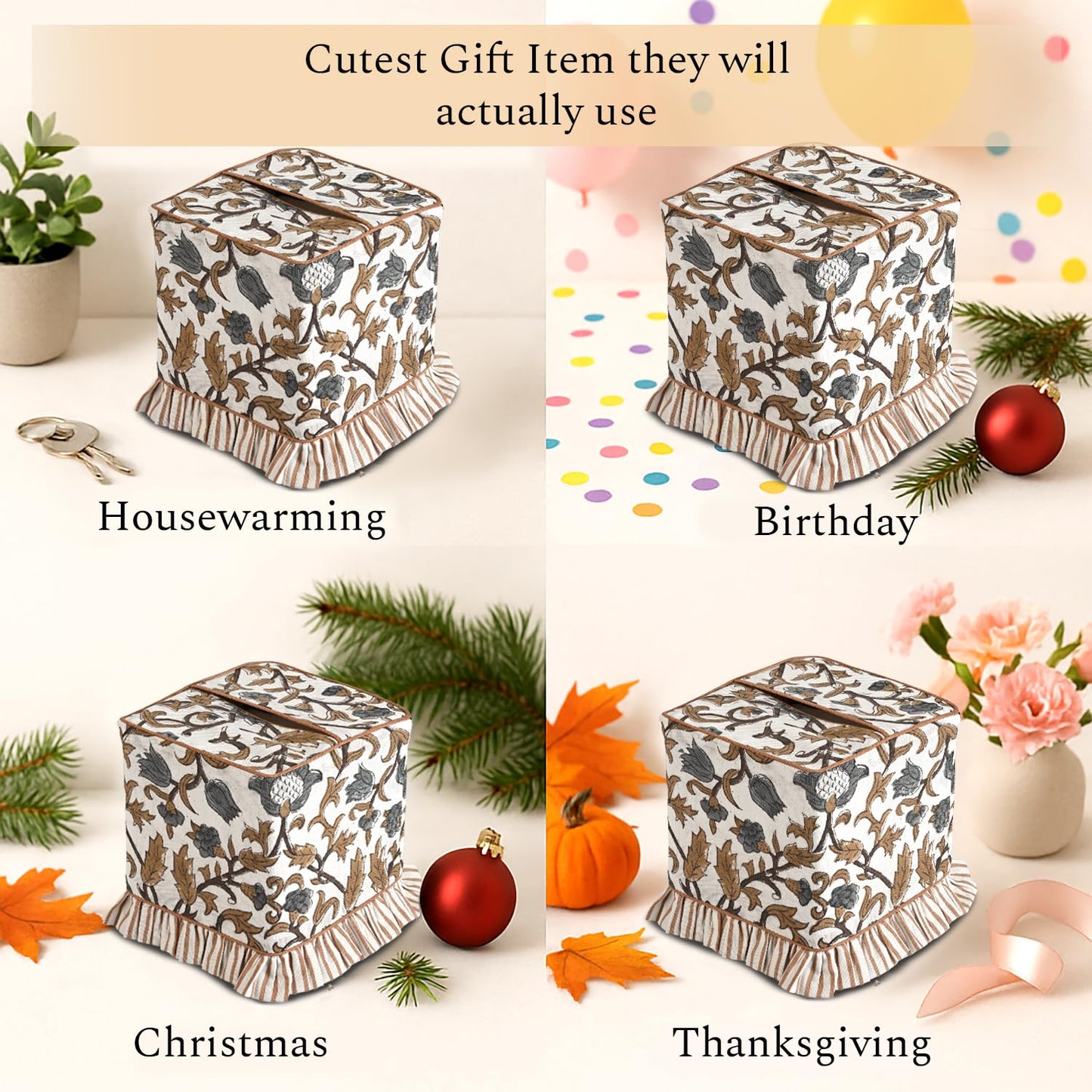 CPC Autumn Vine Hand Block Print Cotton Ruffle Tissue Box Cover 4.5"x4.5"x5"Inch, Square Decorative Tissue Holder Cover for Bathroom, Living Room, Bedroom, Home Décor, Vanity, Car Gift for Summer