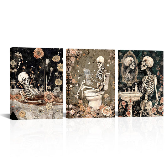 FuShvre Skeleton Bathroom Decor Moody Skeleton Wall Art Pictures for Bathroom Gothic Painting for Home Decoration Framed 12x16 inch each piece (Coral)