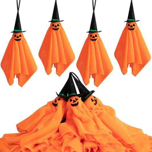 Watayo 8 Pcs Hanging Pumpkin Witch Hats Ornaments, 9" x 5.5" Orange Pumpkin Wizard Hat Halloween Decorations, Pumpkin Ghost Witch Hanging Tree Ornaments for Indoor Outdoor Garden Home Party Decoration