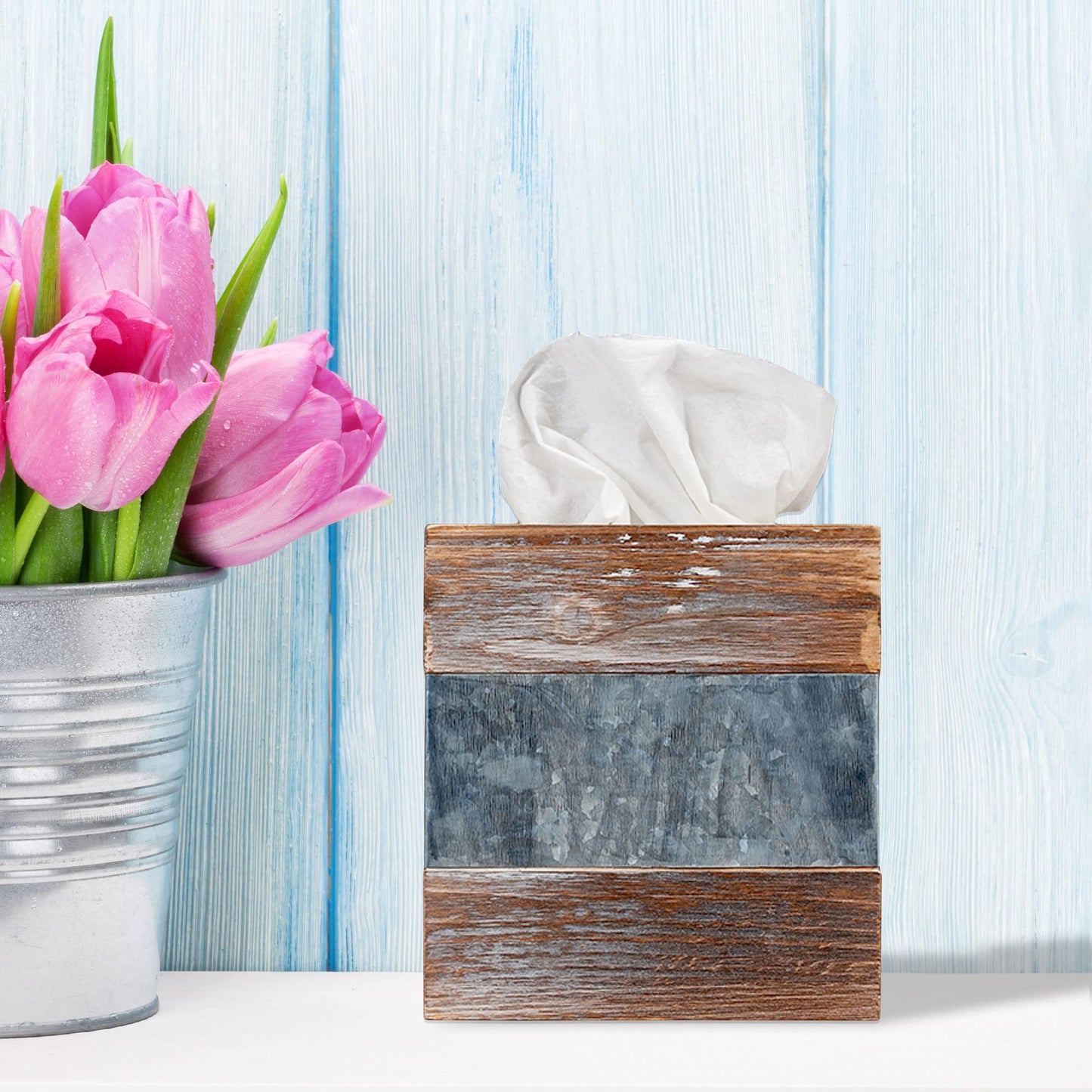 Barnyard Designs Rustic Wood and Metal Tissue Box Cover Holder, 6"x6"