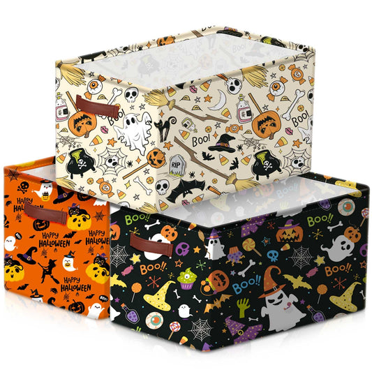 Boao 3 Pack Halloween Ghost Basket with Handles Collapsible Large Canvas Storage Baskets Boo Spooky Skull Pumpkin Cat Foldable Storage Bins Organizer Bins for Trick or Treat Gifts Bedroom Home Office