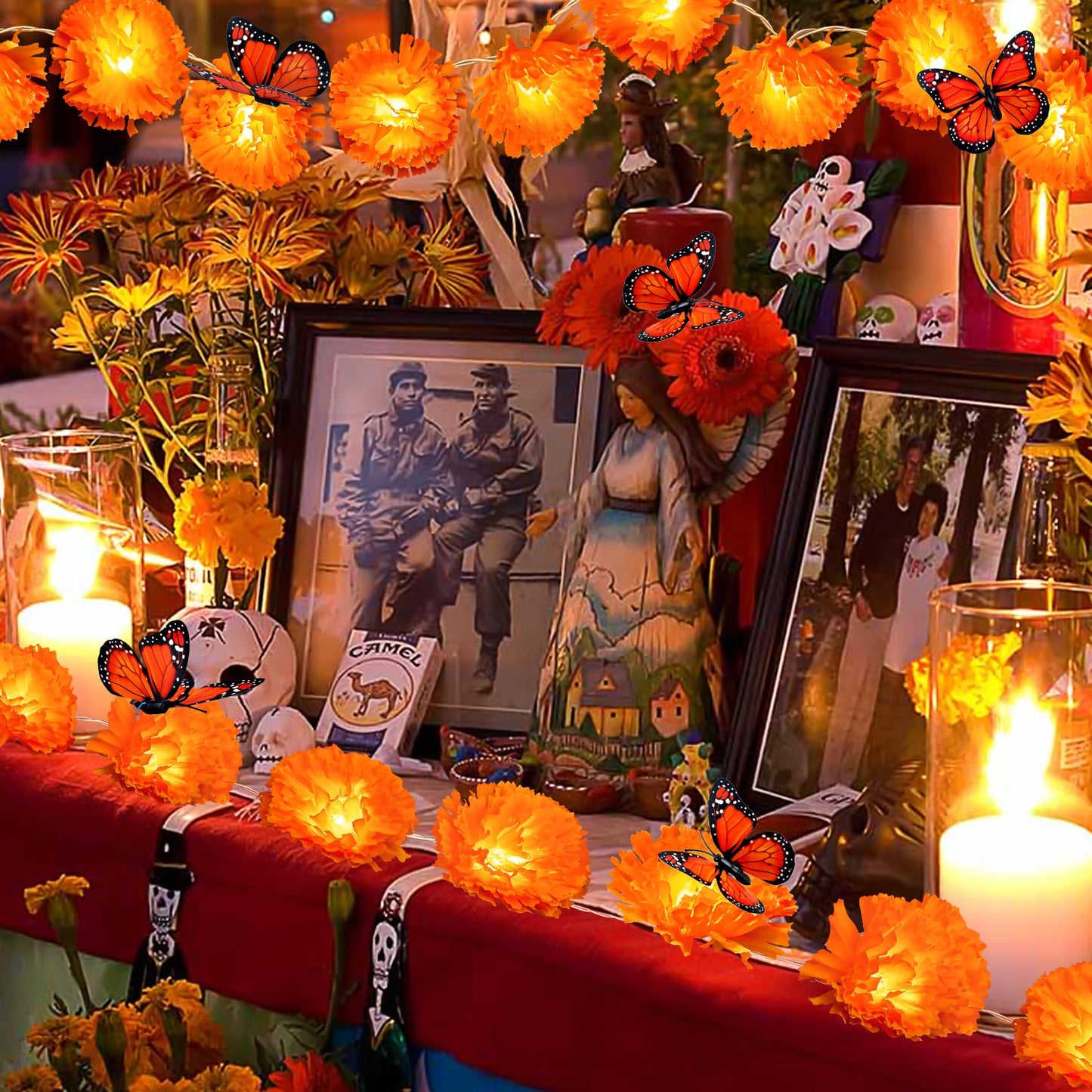 2 Pack Day of the Dead Decorations Total 13.1Ft Marigold Garland for Decoration, 40 Lighted Artificial Marigold Flowers 12 Butterfly for Dia de Los Muertos Indian Diwali Altar Halloween Home Decor