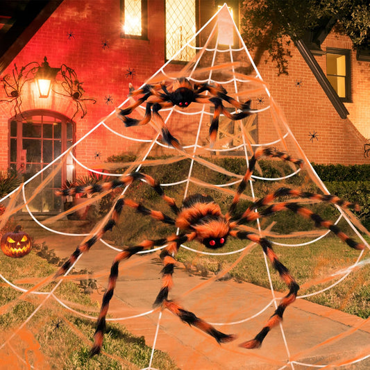Mauts-inus 200" Halloween Spider Web 50" Giant Spider and 20” Spider Decorations Fake Spiders for Indoor Outdoor Halloween Decorations Yard Home Costumes Parties Haunted House Décor(Orange)