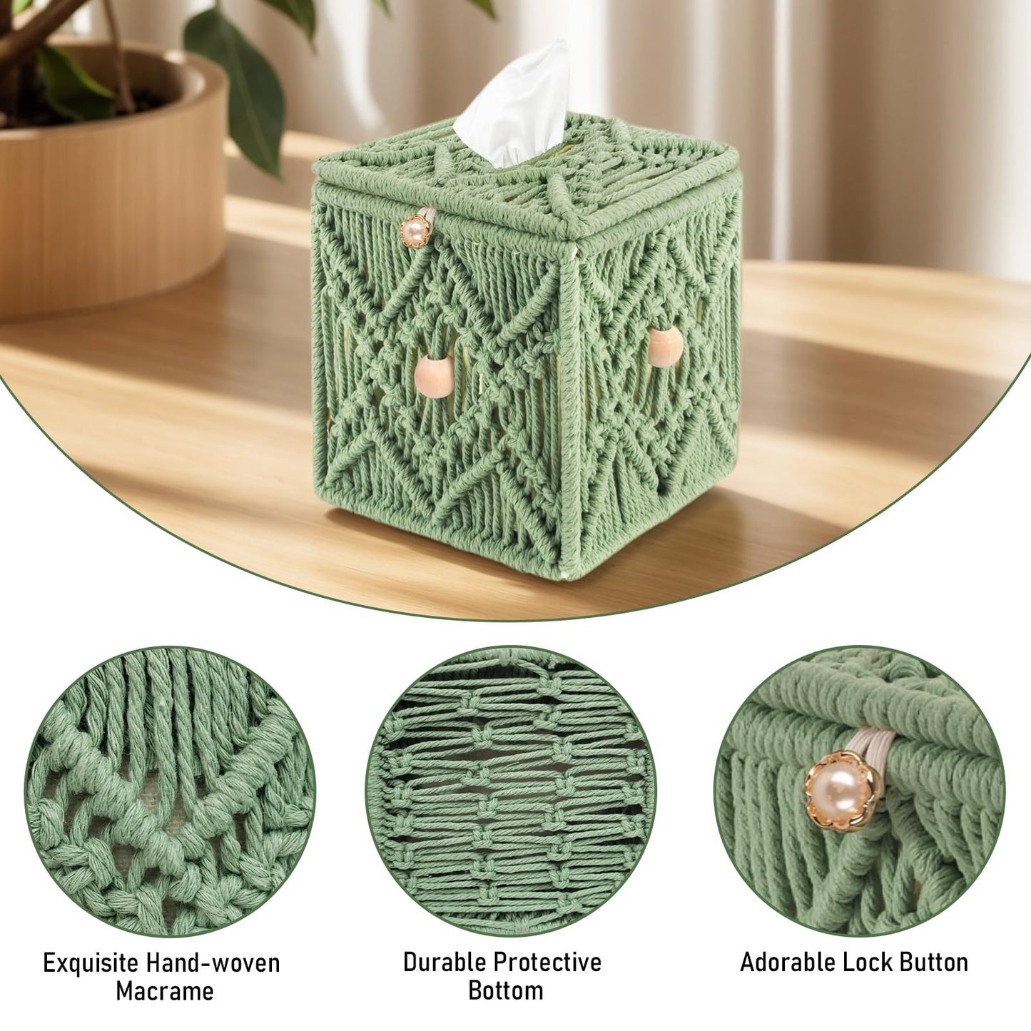 KaloKalo Handmade Tissue Box Cover Decorative Macrame Boho Square Tissue Holder Cotton Rope Woven Napkin Facial Paper Organizer Bohemian Desk Storage Container with Buckle Wood Beads (Light Green)
