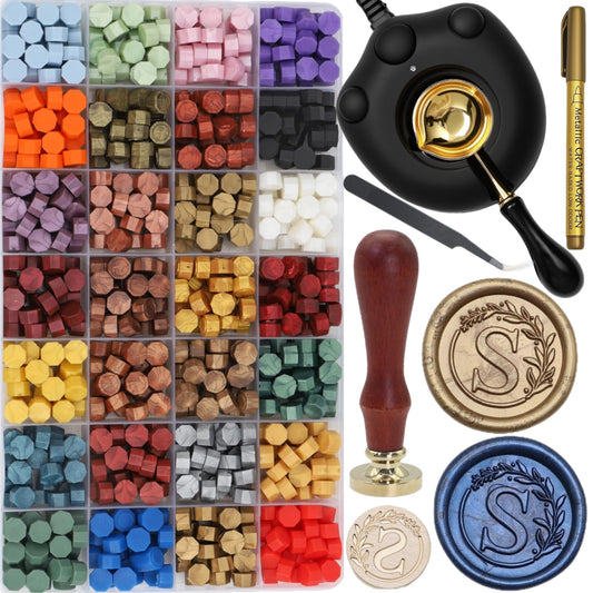 Sealing Wax Stamp Kit with Electric Wax Seal Warmer, 732 Pcs Waxseal Beads, Initial Alphabet Sealstamp, Spoon, Letter Sealingwax Kit (S)