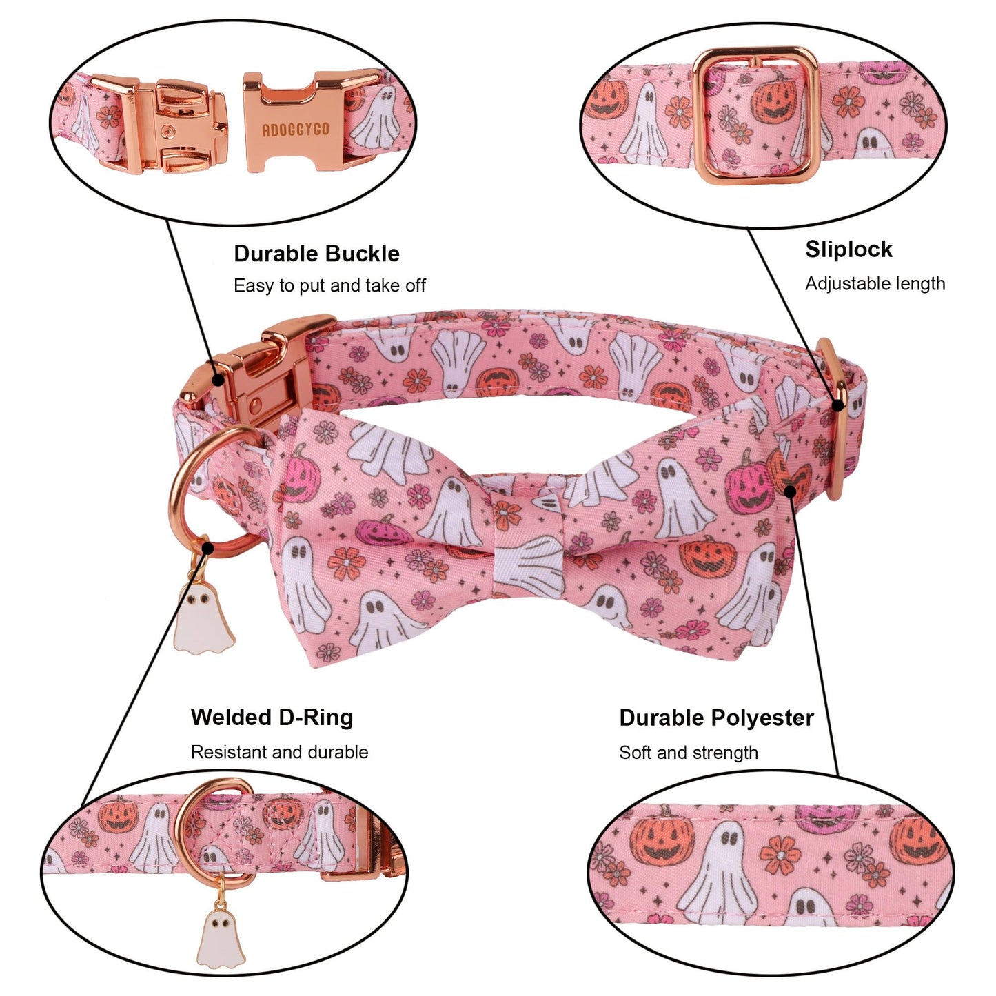 ADOGGYGO Halloween Dog Collar with Bow, Detachable Pink Ghost Pumpkin Bowtie, Metal Buckle, Adjustable Pink Halloween Collars for Medium Dogs Girl (Medium)