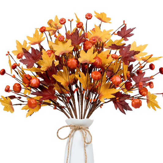 WSTPUPU Artificial Fall Stems10 PCS Fall Floral Picks 17Inch Autumn Berry Stems with Maple Leaves Suitable for Dining Tables Vase Center Decoration Thanksgiving and Harvest Festival