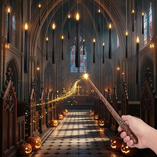 Meigic 20PCS Black Floating and Hanging Flameless Taper Candles with Wand Remote, Battery Operated Gothic Halloween Candles with Flickering Amber Glow for Haunted House, Witchy Dinner, Ceiling Decor