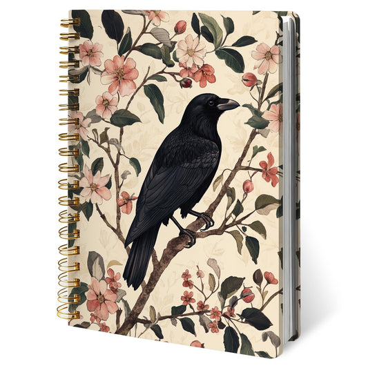 XYMBF Vintage Floral Witchy Black Raven Notebook Journal, Dark Academia Crow Cherry Blossom Notebooks for Work, Crow Gifts for Women Journal, Hardcover Spiral Notebook 5.5x8.3 Inch