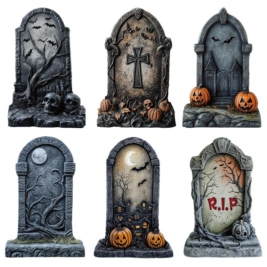 ORNALES 6 Pieces Halloween Tombstone Yard Signs, Waterproof Tombstone Halloween Yard Decorations with Stakes, Ghost Skull Pumpkin Graveyard Design for Outdoor Yard, Garden Lawn, Holiday Party