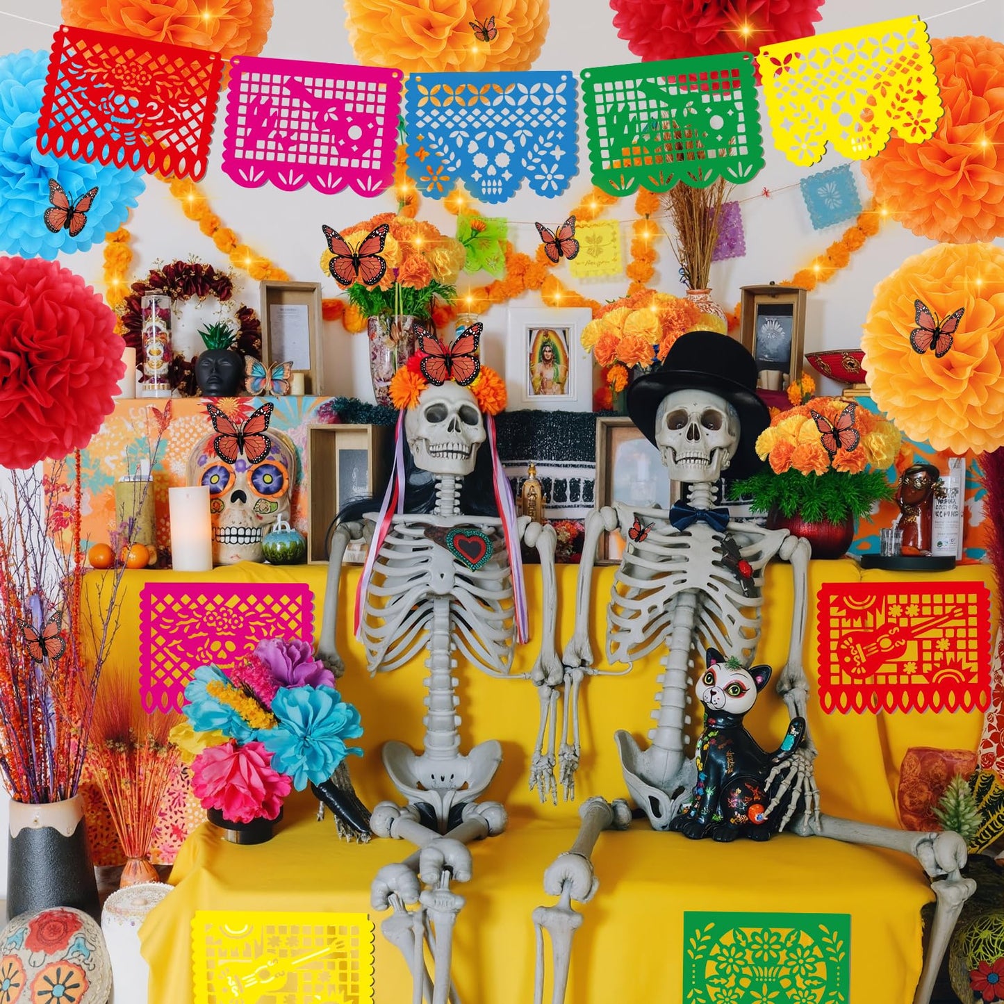 133Pcs Day of The Dead Decorations with 9 Mexican Banner Papel Picado,2 Lighted Artificial Marigold Garland,50 Marigold Flowers with 50 Stems,7 Paper Pom Poms,12 Butterfly for Dia De Los Muertos Decor
