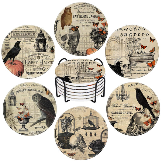 Whaline 6Pcs Halloween Coasters with Holder Vintage Owl Crow Skull Ceramic Drink Coasters Absorbent Cup Mat for Home Kitchen Party Table Protection