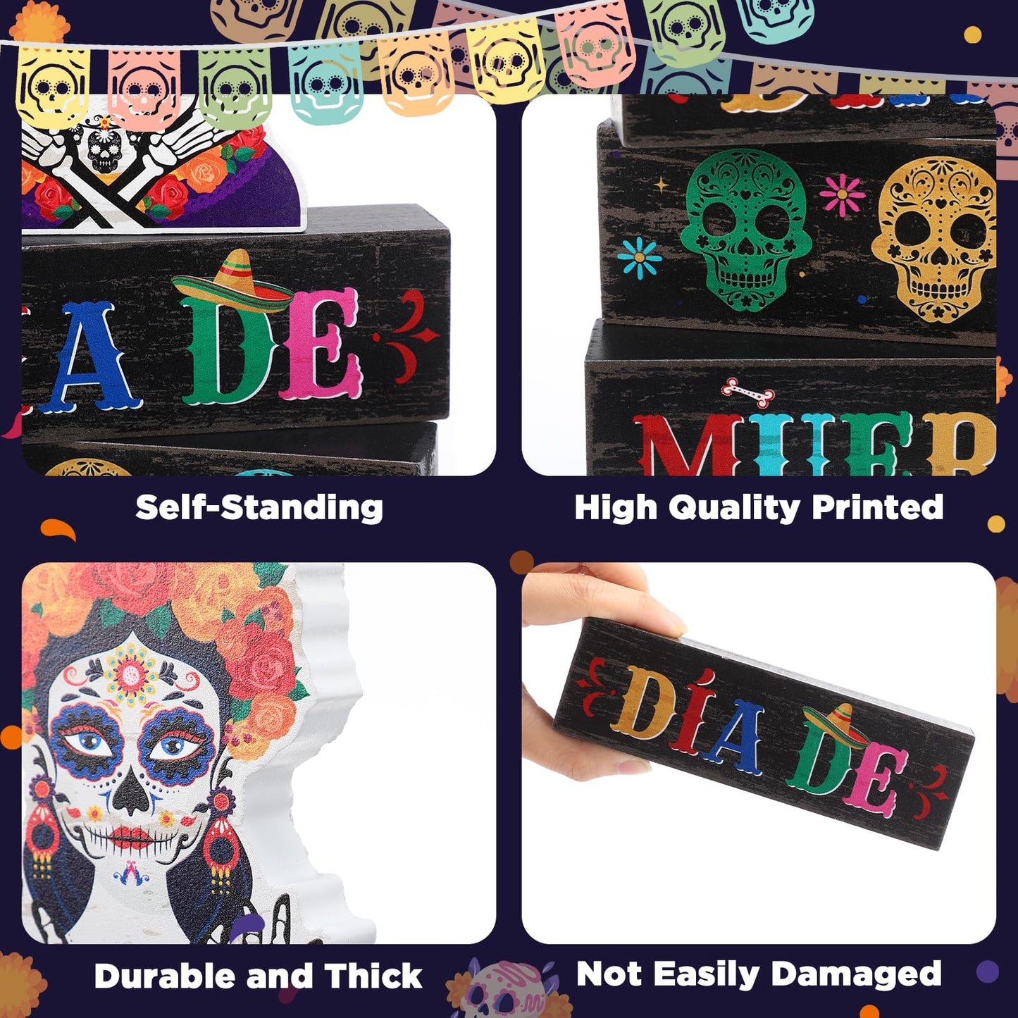 Capoda 4 Pcs Day of The Dead Table Decorations Dia De Los Muertos Tiered Tray Decor Mexican Skull Wood Tabletop 3D Desk Centerpiece for Halloween Fiesta Carnival Party Decoration Supplies