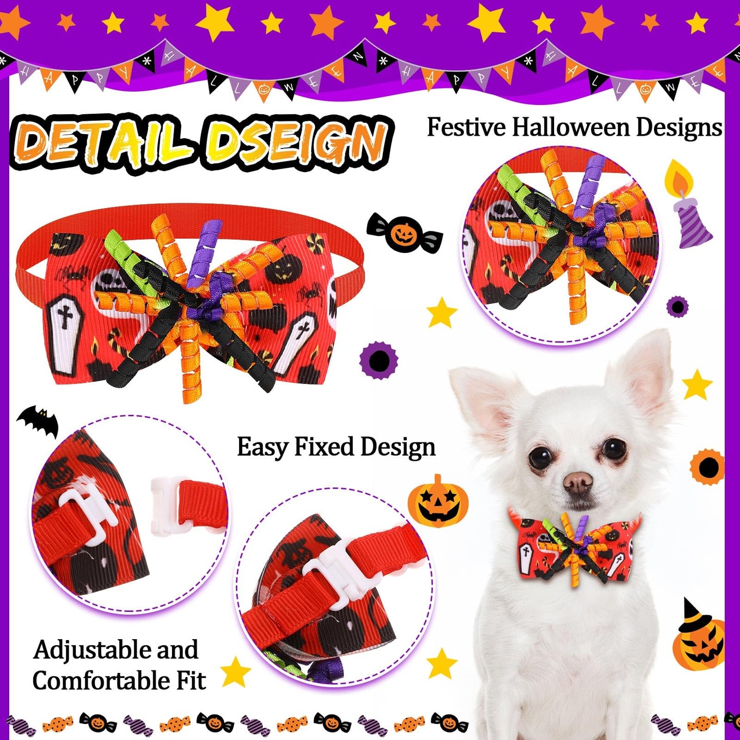 Huhumy 100 Pcs Halloween Dog Bow Tie Collar Bulk Pet Bow Tie Adjustable Dog Bowties Neckties Collars for Small Medium Pet Supply(Halloween)