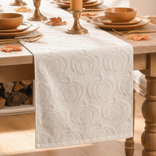 Artoid Mode Beige Soft 3D Jacquard Pumpkin 100% Cotton Fall Table Runner, Autumn Thanksgiving Holiday Kitchen Dining Table Decoration for Home Party Decor 13x72 Inch