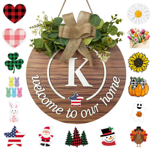 Interchangeable Seasonal Monogram Letter K Welcome Sign Front Door Decor Wooden Wreaths for Front Door Wreath Rustic Initial House Warming Porch Wall Home Decorations for All Seasons