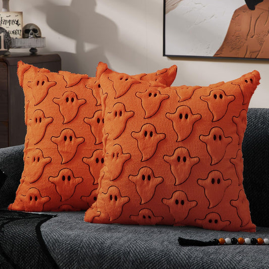 DFXSZ Halloween Pillow Covers 18x18 inch Set of 2 Black Eyes Orange Ghost Throw Pillow Cases Soft Plush Faux Fur Wool Couch Cushion Case for Chair Sofa Bedroom Living Room Home Decor PTK056C18